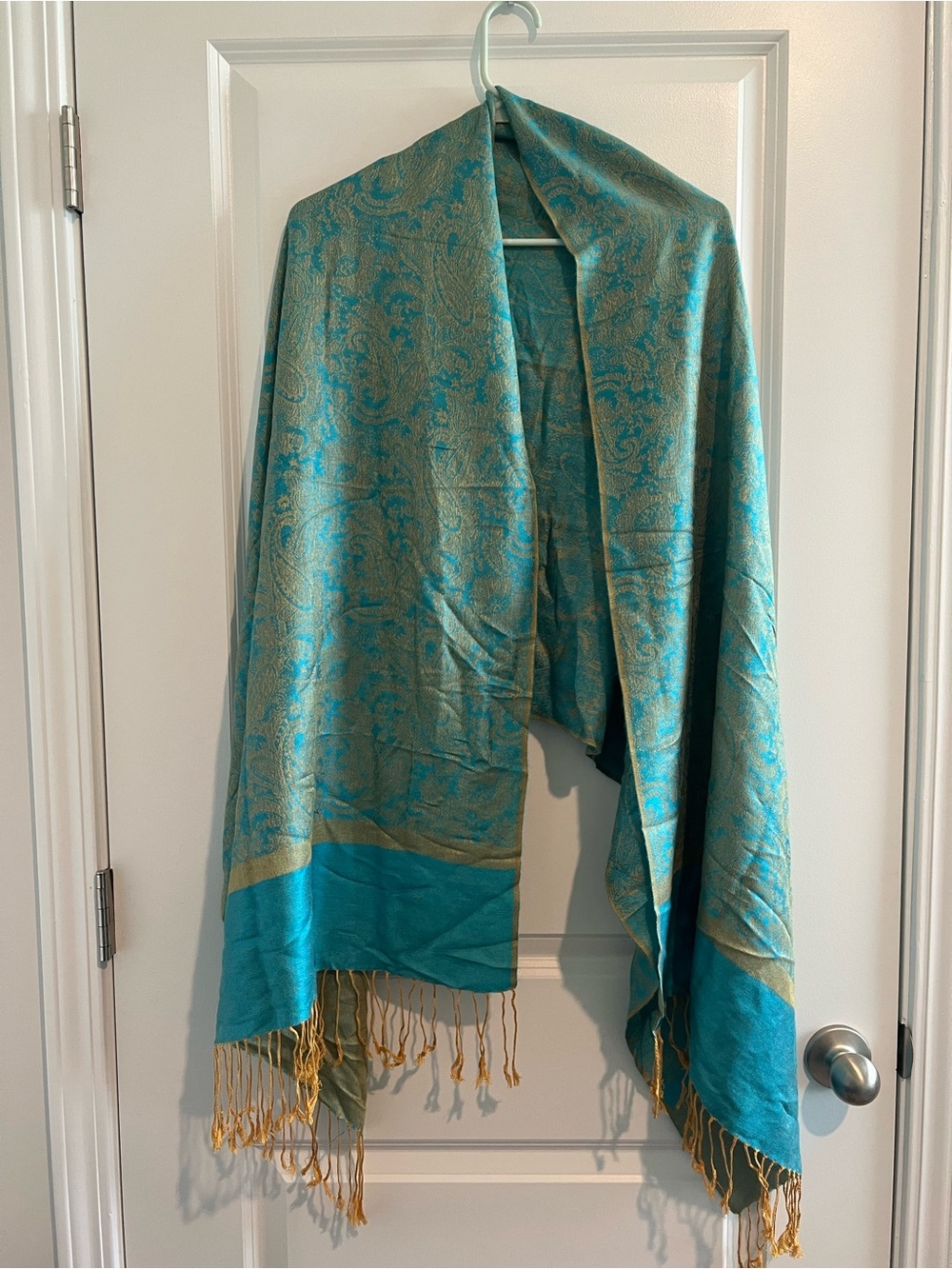 pashmina Teal and Gold Paisley Draped Shawl with Fringe